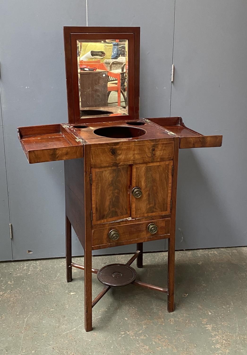 A George III mahogany and line inlaid wash stand, double hinged lid, with pull-up mirror, over - Image 2 of 2