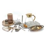 A mixed lot to include silver plated items, crumb sweep, Aesthetic movement silver napkin ring;