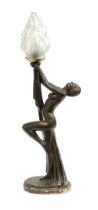 An Art Deco bronze effect plaster figural table lamp in the form of a nude female figure holding a