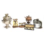 Two small sets of postal scales, together with a Keuffel & Esser drafting set, copper kettle with