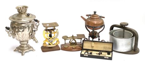 Two small sets of postal scales, together with a Keuffel & Esser drafting set, copper kettle with