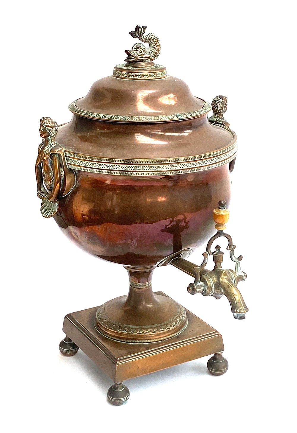A 19th century copper and brass samovar with dolphin finial and mermaid handles, 37cmH - Image 2 of 3