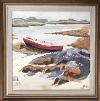 20th century oil on board, inlet with red boat, signed A.B. lower left, 39x38.5cm