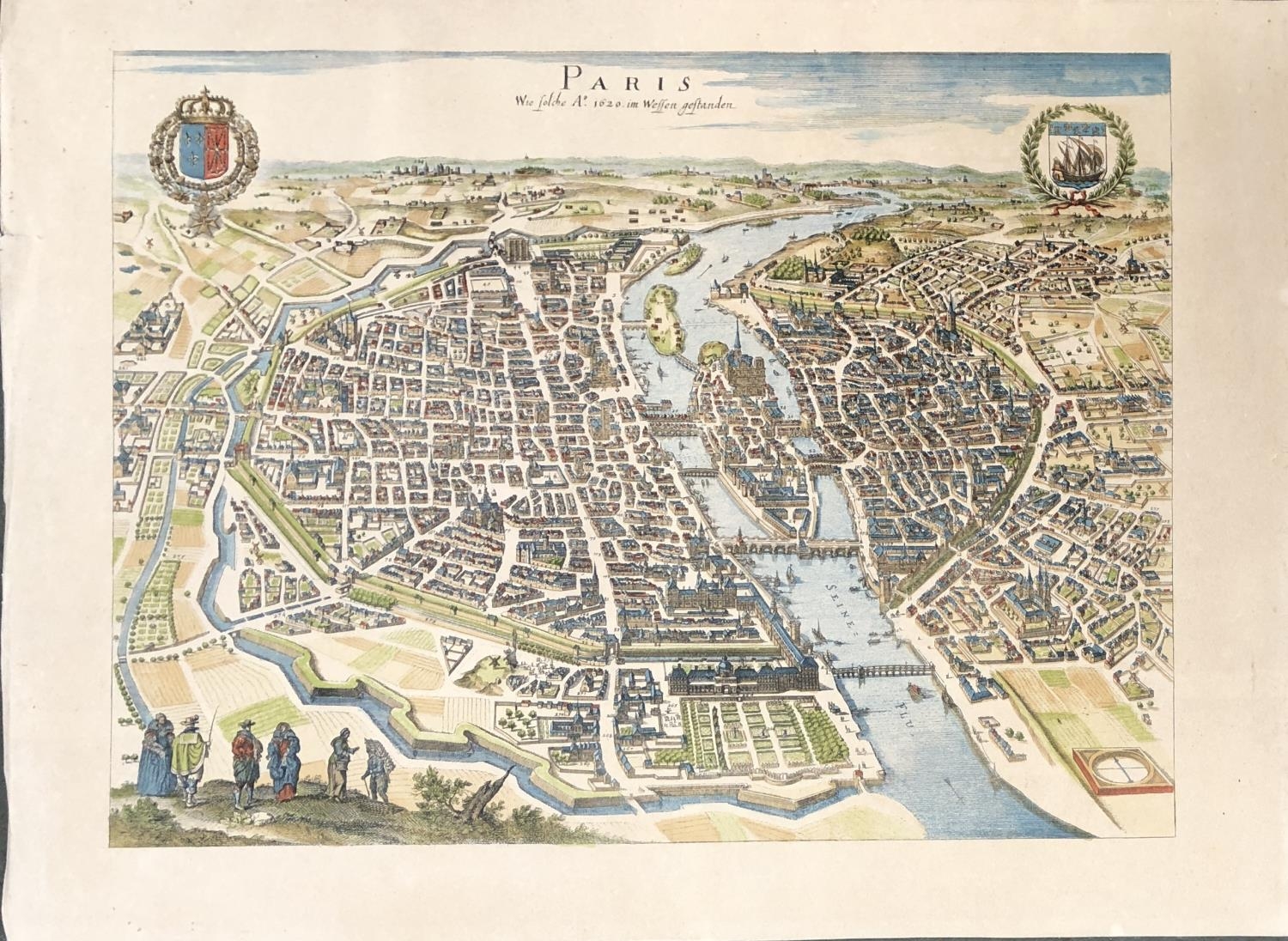 A reproduction 17th century coloured engraving map of Paris, 34.5x46cm