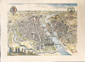 A reproduction 17th century coloured engraving map of Paris, 34.5x46cm