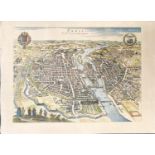 A reproduction 17th century coloured engraving map of Paris, 34.5x46cm