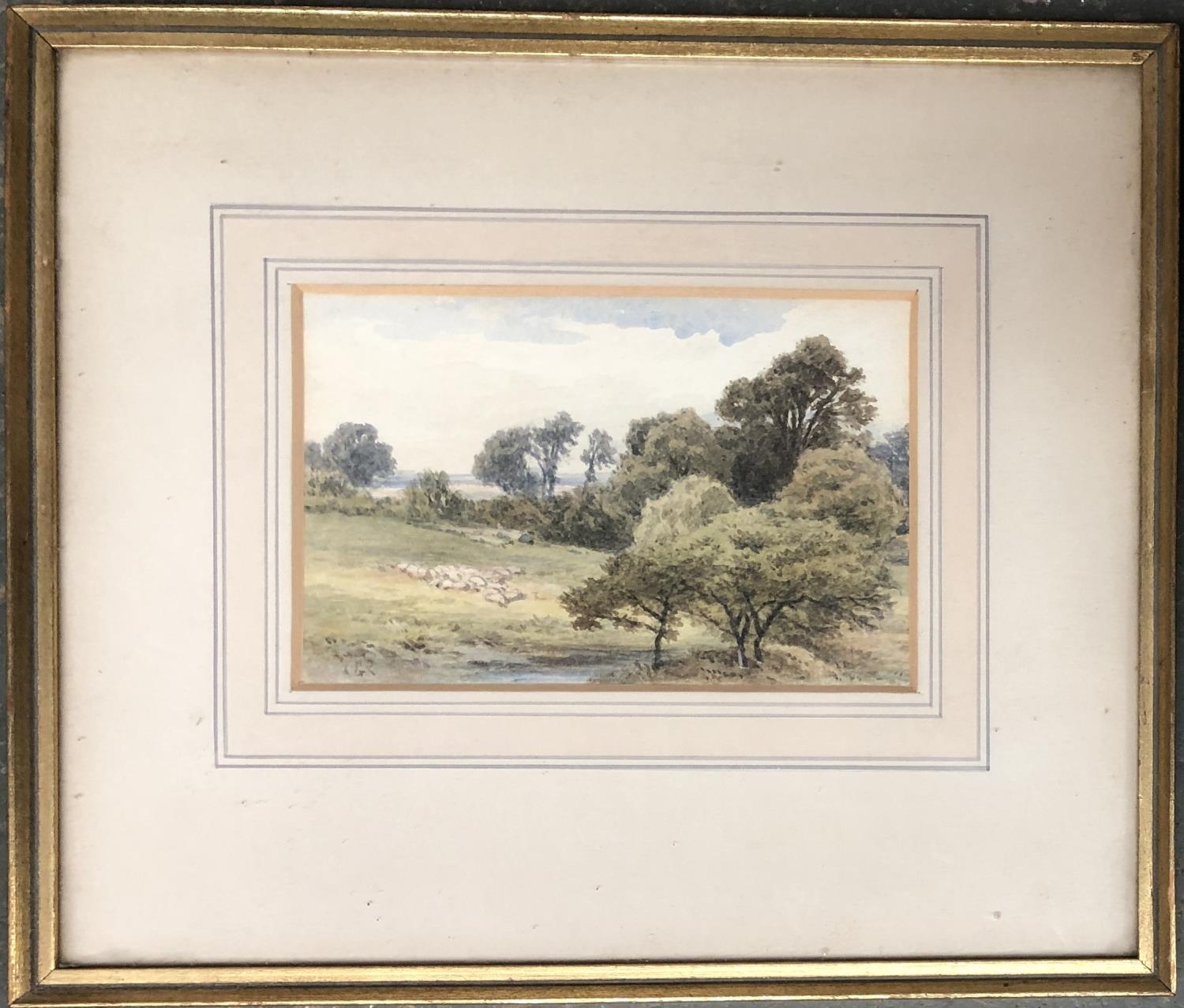 A small watercolour with sheep in a pastoral setting, bears Rowley Gallery label to verso, 10x16cm