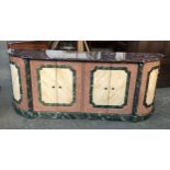 A 20th century credenza, marble top (af) over a painted faux marble base, 200x43x81cmH