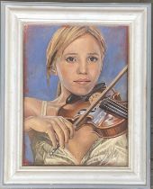 Oil on canvas, girl playing violin, 40x29.5cm