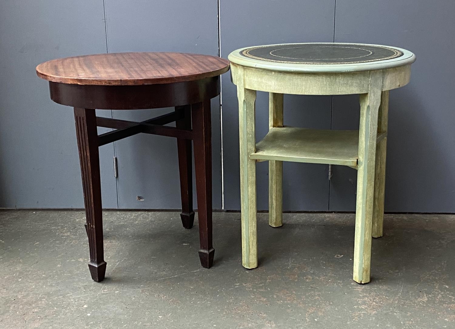 A green painted circular occasional table with undershelf, tooled leather skiver, 59x70cmH; together
