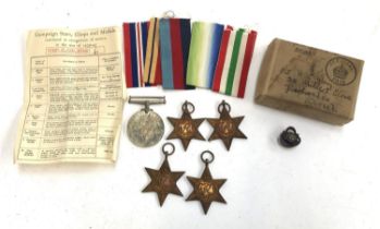 Five WWII medals comprising War Medal, Italy Star, Africa Star, Atlantic Star and 1939-45 Star, with