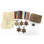 Five WWII medals comprising War Medal, Italy Star, Africa Star, Atlantic Star and 1939-45 Star, with