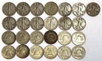 13 US half dollars dated from 1935-1946, together with 12 Franklin half dollars dated 1951-63