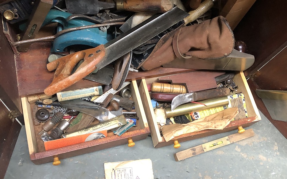 A teak carpenters cabinet, fitted interior, hung with various tools, to include Marples chisels, - Image 4 of 4