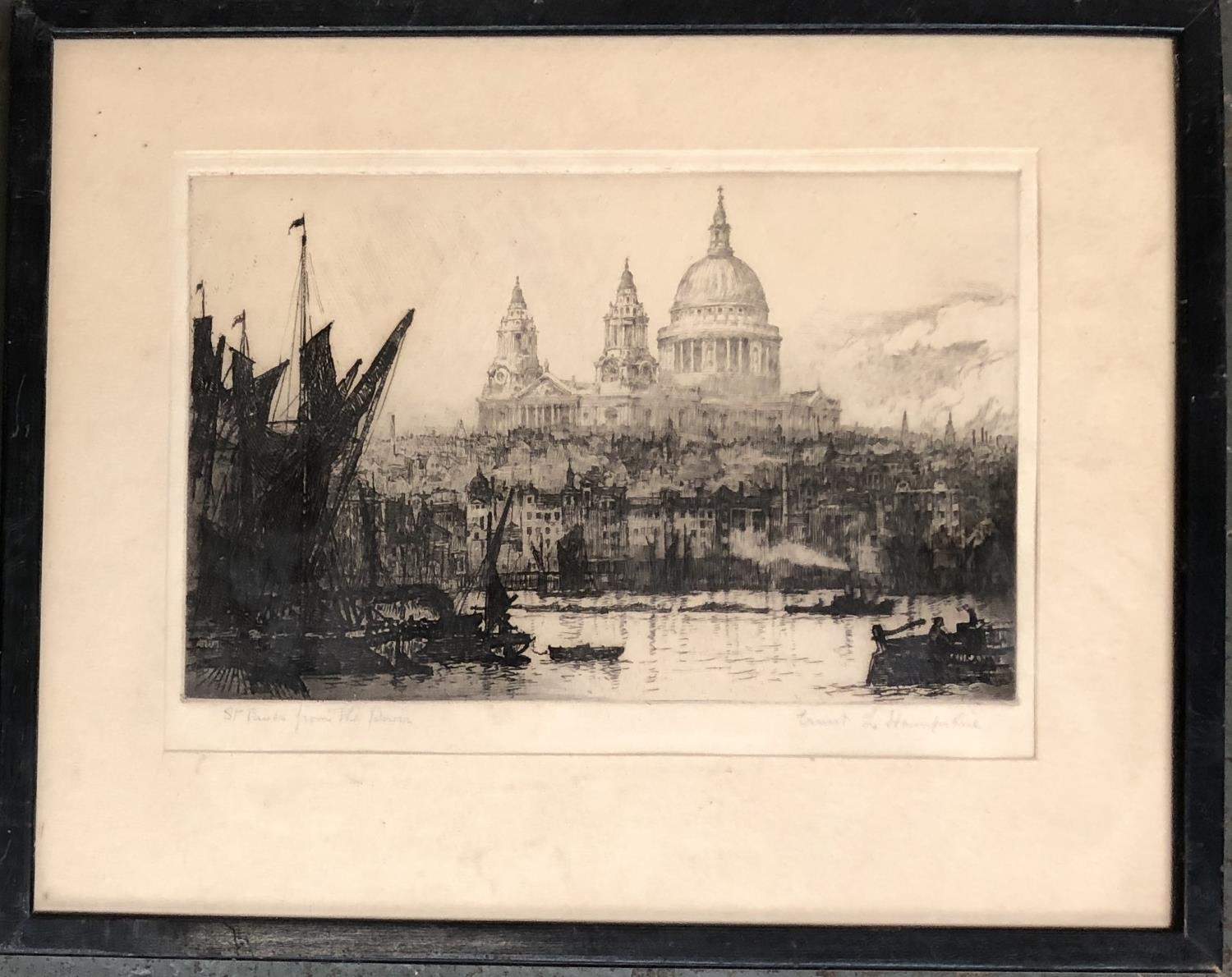 Ernest Llewellyn Hampshire (1882-1944), 'St. Pauls from the river', drypoint etching, signed and