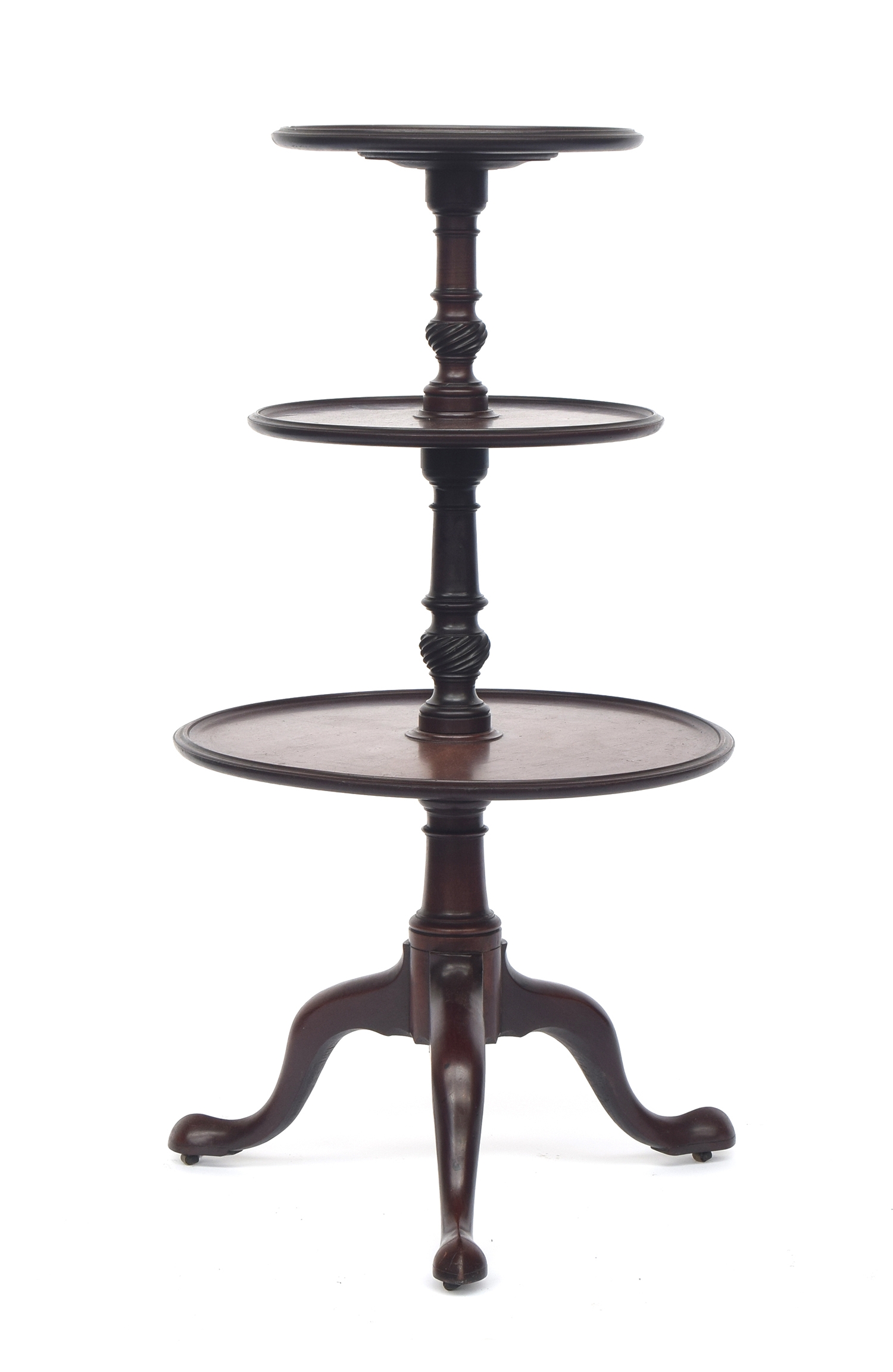 A George III mahogany three tier dumb waiter, each dished tier supported on wrythen turned - Image 3 of 3