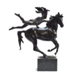 James Osborne (1940-1992), bronze figure group of a woman and a galloping horse, incised signature