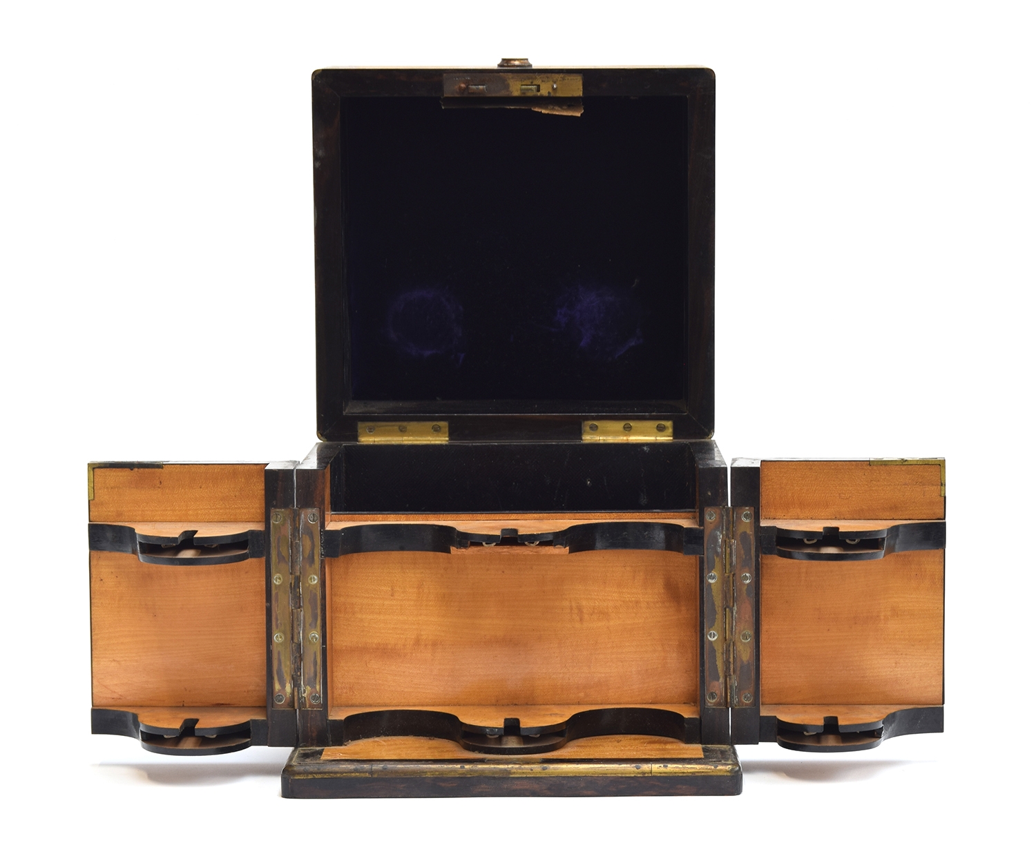 A Victorian burr walnut and brass bound tantalus, with leather and satinwood interior, with lid - Image 2 of 4