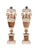 A pair of 20th century Neo-classical two-tone alabaster table lamps, of twin handled urn form,
