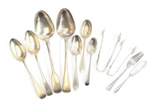 A mixed lot of Victorian and later silver flatware, to include two table spoons, two dessert spoons,