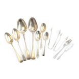 A mixed lot of Victorian and later silver flatware, to include two table spoons, two dessert spoons,