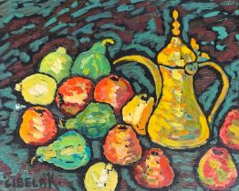 20th century oil on board, still life of fruit and a dallah coffee pot, signed Cibela K lower