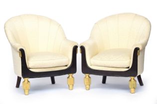 A pair of French Art Deco bergere armchairs, designed by Andre Groult, c.1925, scallop upholstered