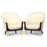 A pair of French Art Deco bergere armchairs, designed by Andre Groult, c.1925, scallop upholstered