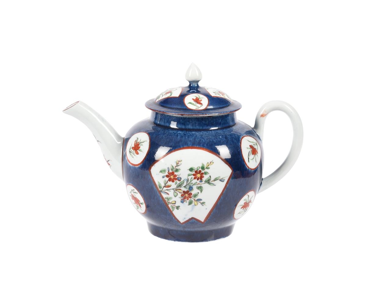 A Worcester powder blue ground porcelain teapot and cover in Kakiemon style c. 1765, With acorn