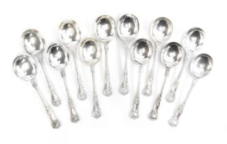 A set of twelve silver King's Pattern soup spoons by Viner's, Sheffield 1958 and 1960, 23.7ozt