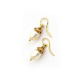 A pair of 18ct gold and cultured pearl drop earrings in Etruscan revival style, hallmarked for