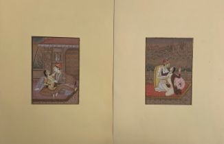 A pair of 19th century Indian gouache on paper erotic scenes, each approx. 13x9cm