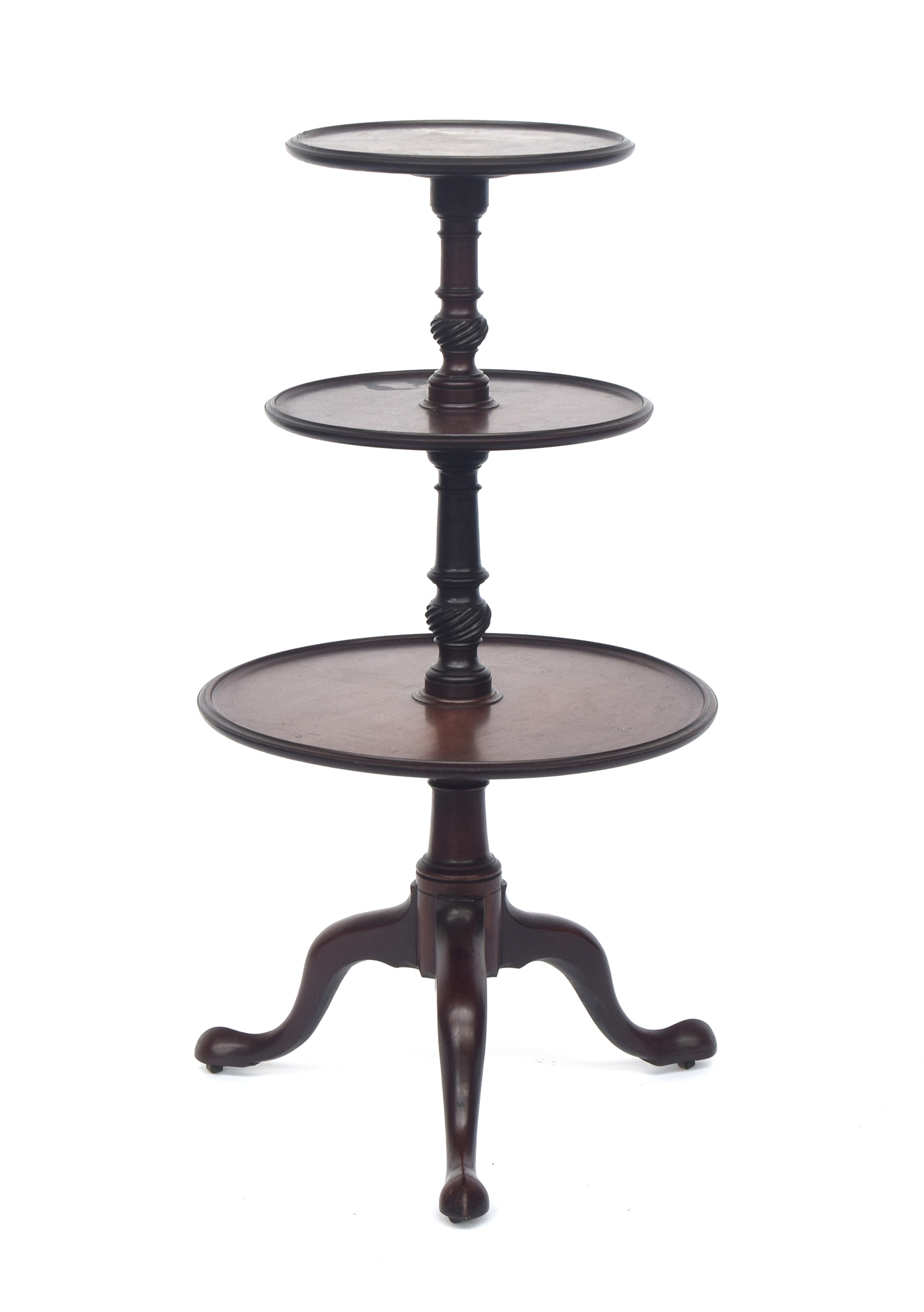 A George III mahogany three tier dumb waiter, each dished tier supported on wrythen turned - Image 2 of 3