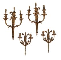 A pair of Louis XV style three arm wall sconces, c.1900; together with a further pair of wall