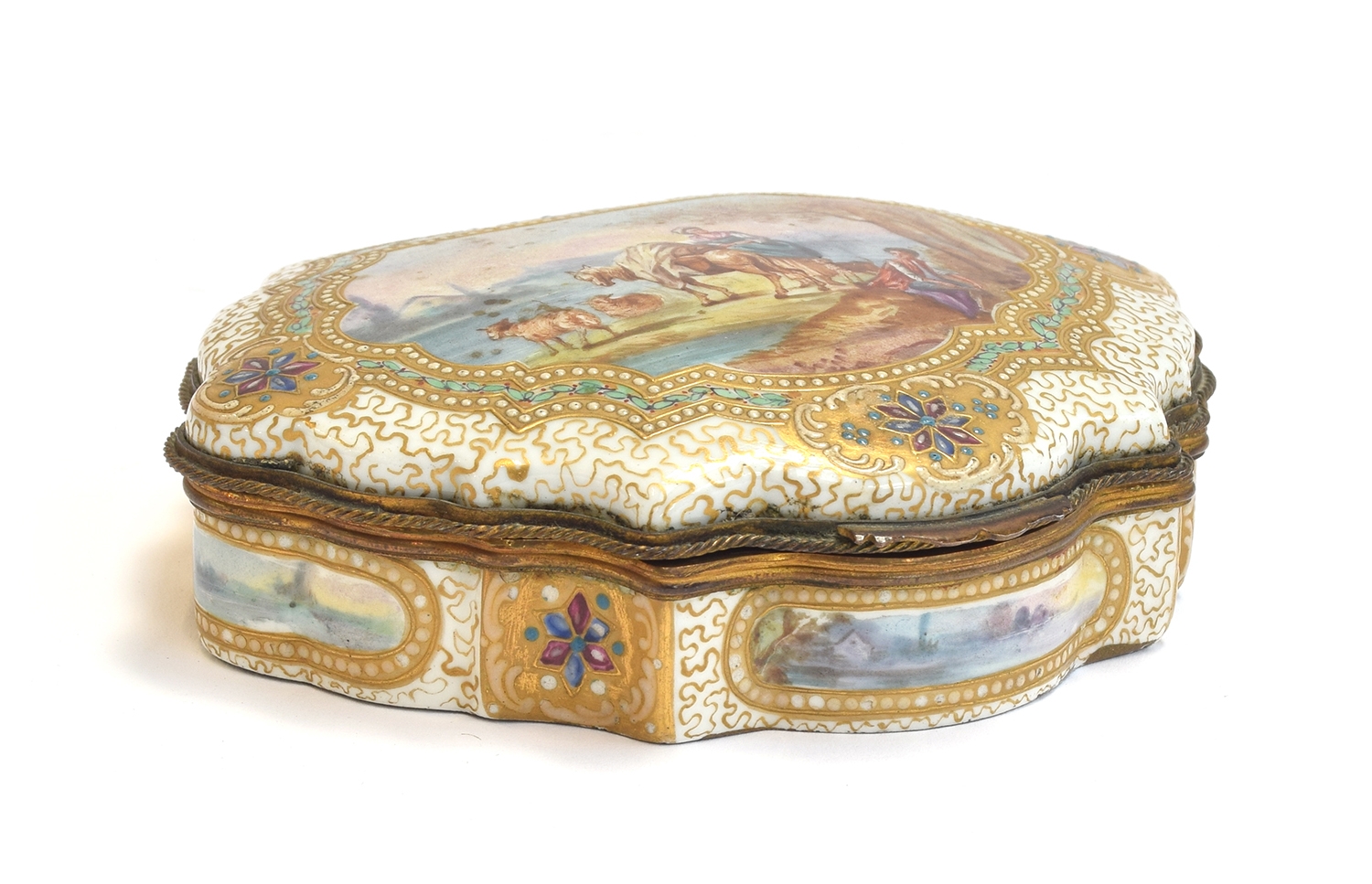 A 19th century gilt metal mounted porcelain box, hand painted with pastoral scenes and heightened in - Image 2 of 11