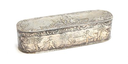 A Continental chased silver box, the top depicting courting lovers with a dog, 11.5cm wide, 3.3ozt