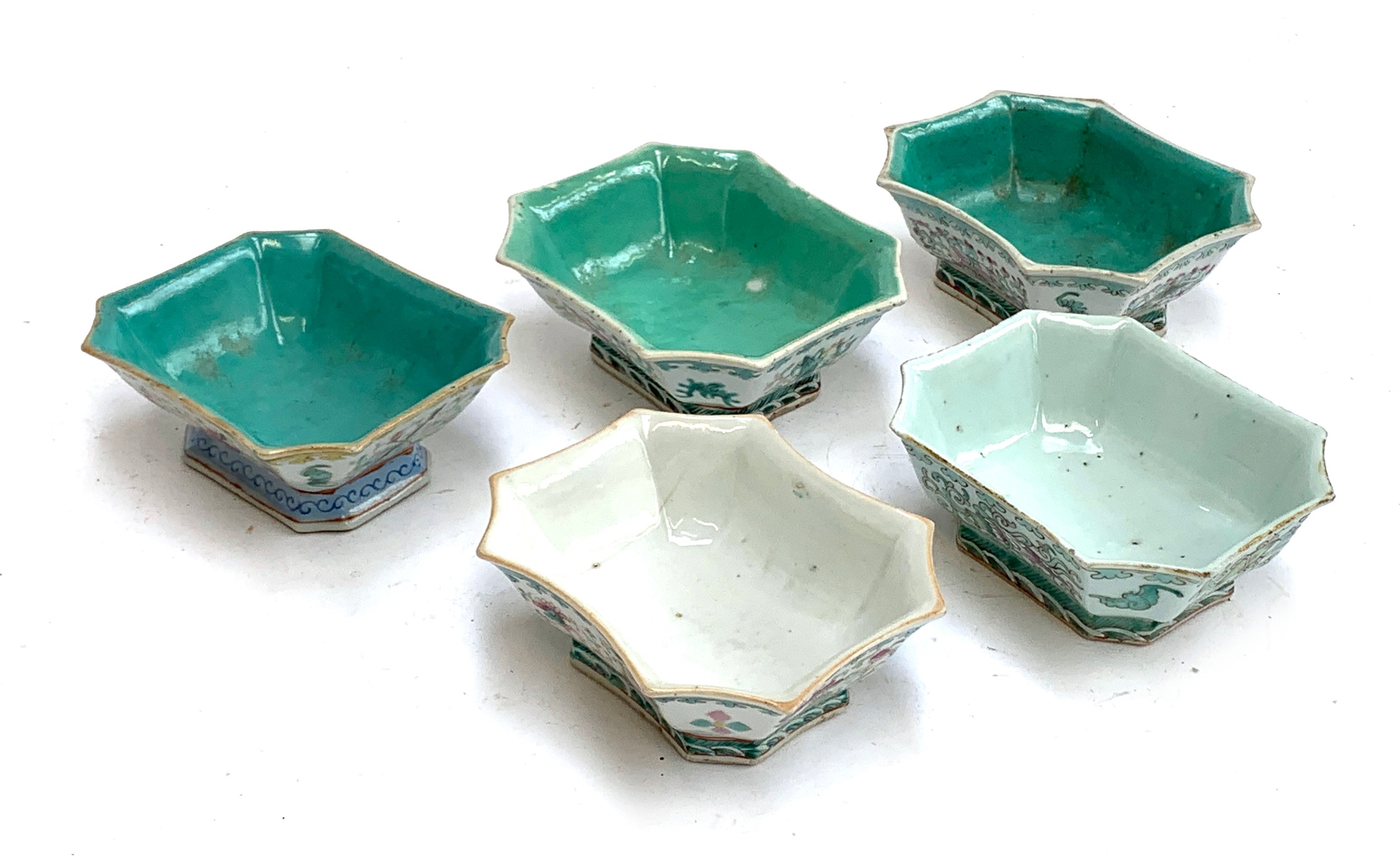 Five late 19th/early 20th century Chinese famille rose octagonal footed bowls, polychrome decoration - Image 2 of 11