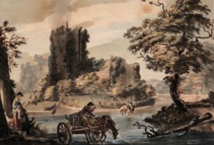 18th century English school, watercolour of a cart crossing a ford with a ruin in the background,