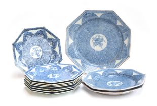 A set of eight late 18th century Chinese export blue and white octagonal porcelain plates, each with