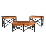 A pair of satin birch and wrought iron tables in Regency style of recent manufacture, 76cm wide,