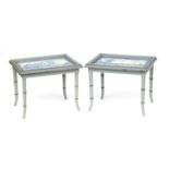 A pair of painted faux bamboo occasional tables with blue and white tiled tops, 58cm wide, 46cm