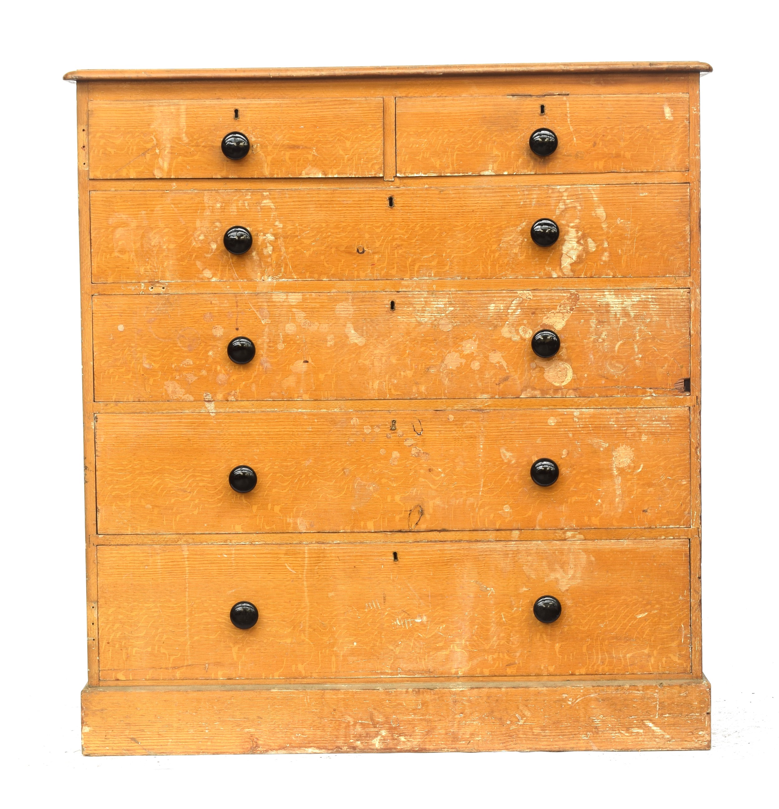 A 19th century scumble painted pine chest of drawers, marked Heal & Son to the back, two short