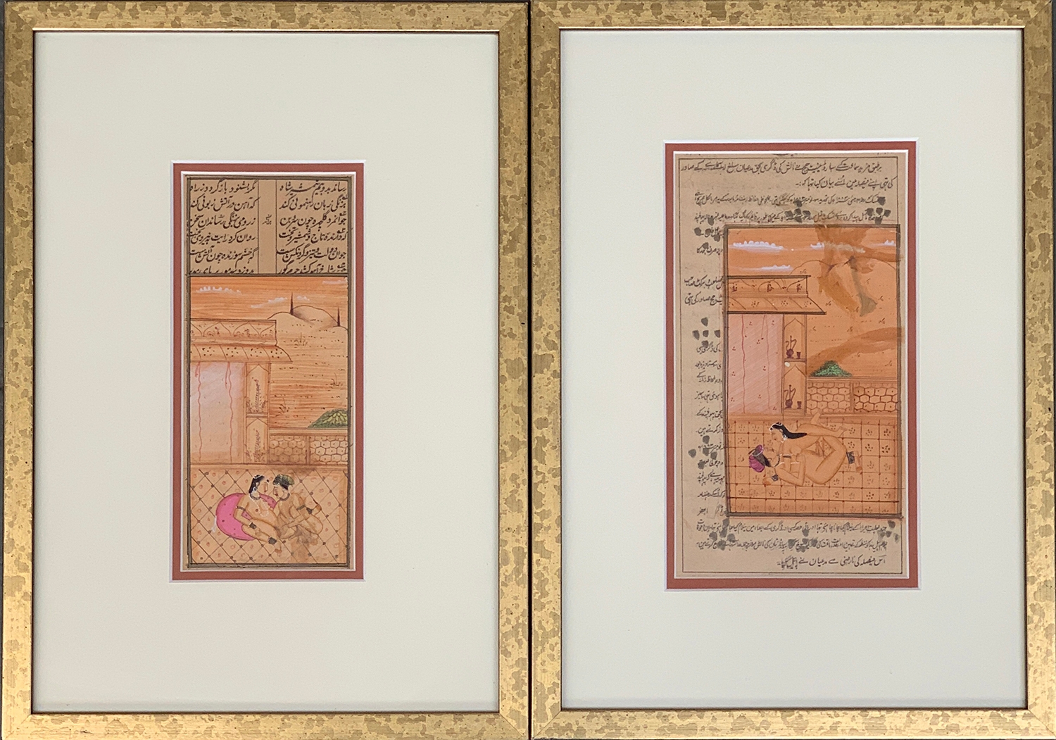 A pair of framed late 18th/early 19th century Indian gouache on paper erotic scenes, 19x8cm and 20.