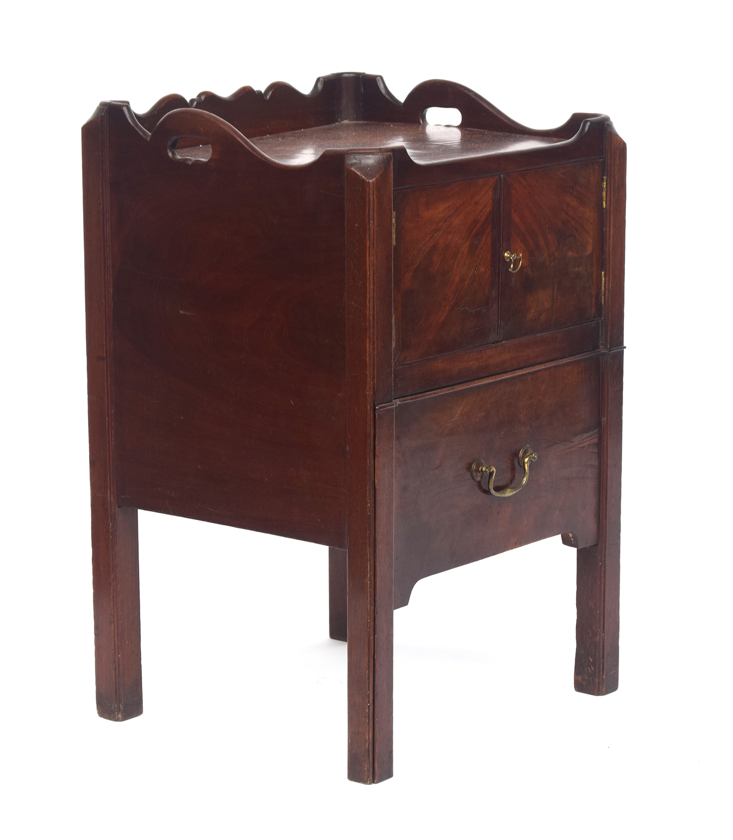 A George III mahogany tray top night commode, galleried with handles, over a pair of doors above - Image 2 of 3