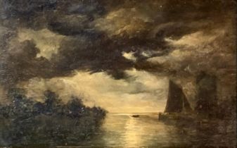 Early 19th century oil on panel, 'Night', a moonlit estuary scene, 16x26cm