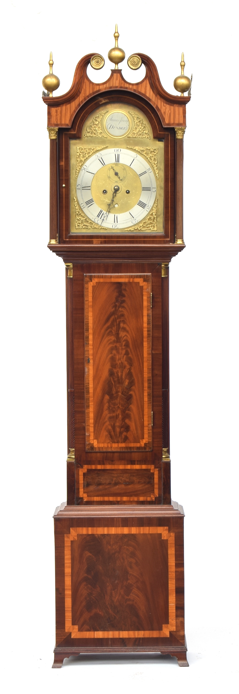 A George III mahogany long cased clock with swan neck pediment and three balled finials, over a