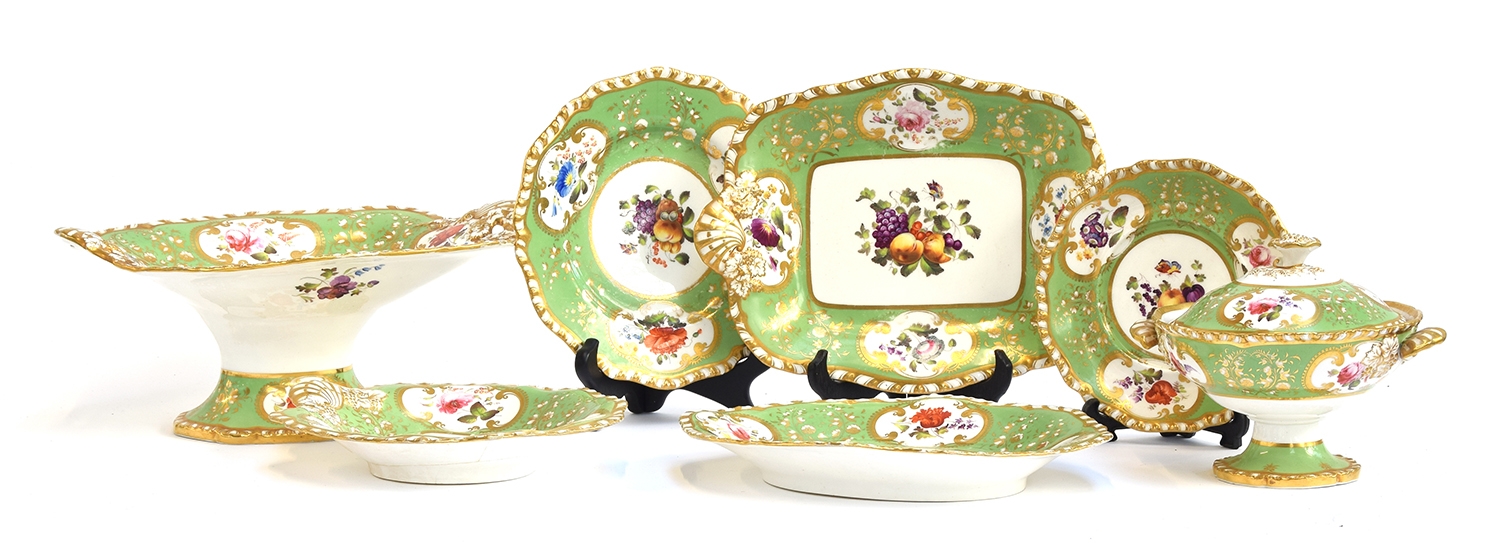 A 19th century hand painted dinner service, floral panels on a green ground, heightened in gilt, - Image 3 of 10