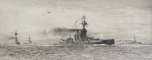 William Lionel Wyllie (1851-1931), drypoint etching of battleships, signed in pencil, the plate