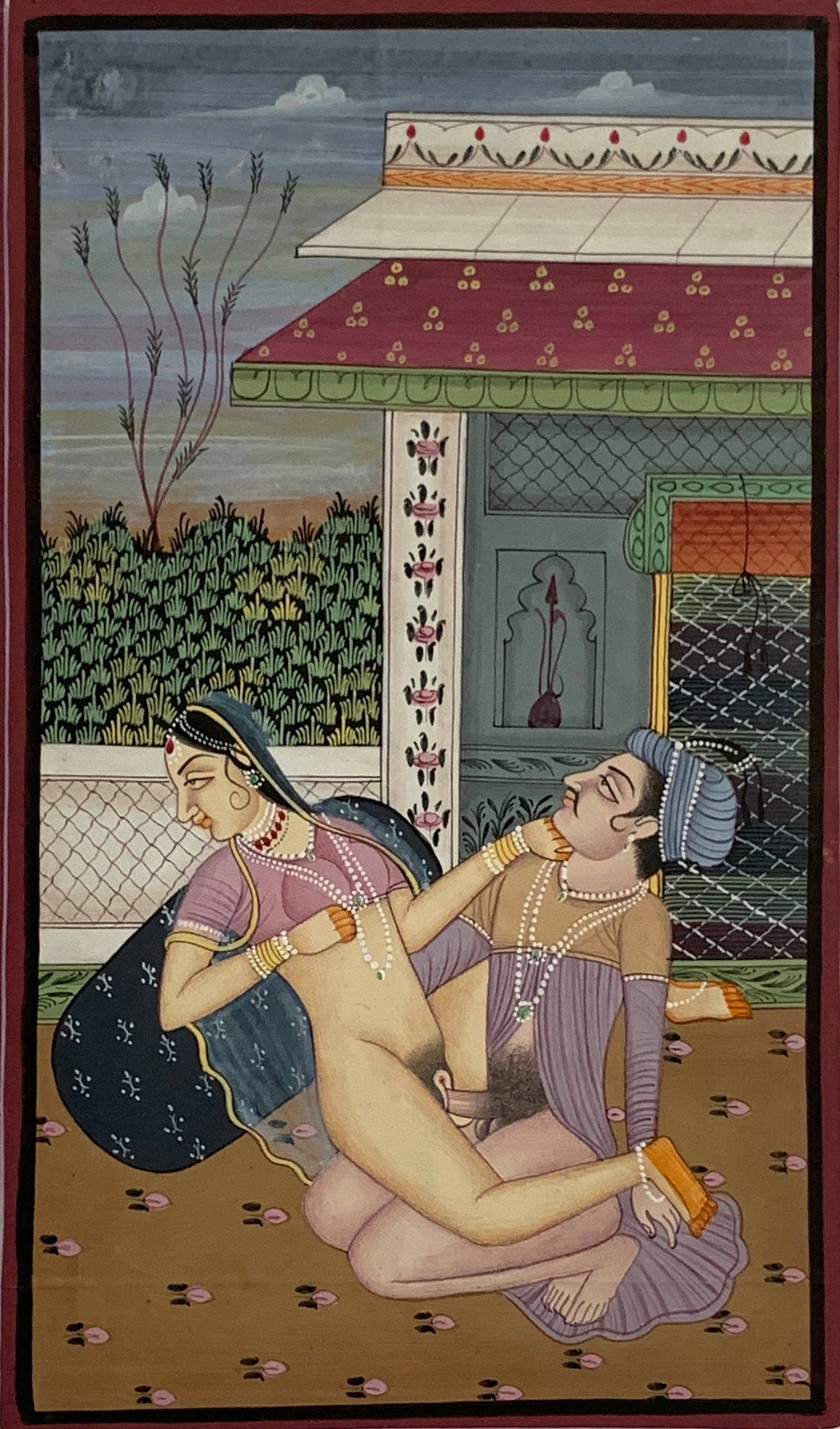 Three 19th century Indian gouache on paper erotic scenes, the largest 21x13cm - Image 2 of 4