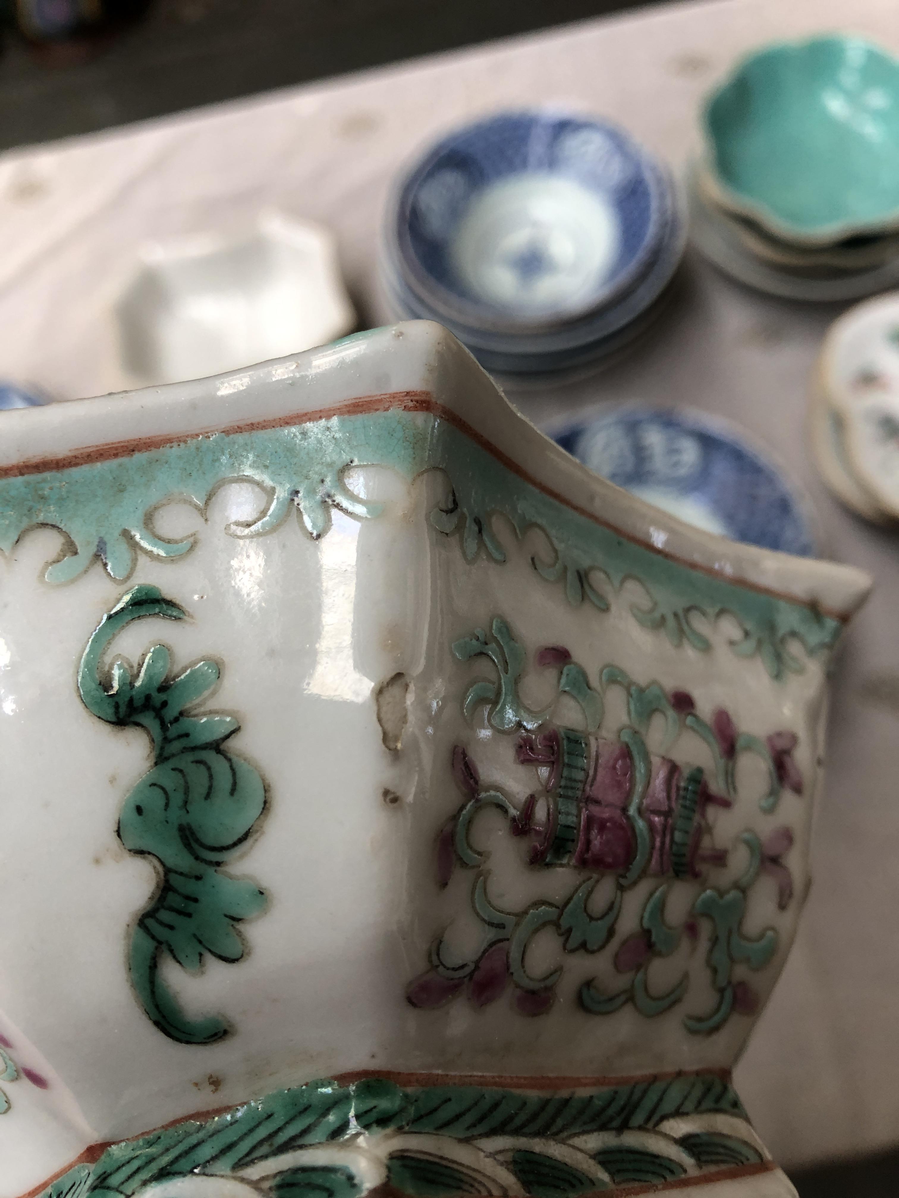 Five late 19th/early 20th century Chinese famille rose octagonal footed bowls, polychrome decoration - Image 8 of 11